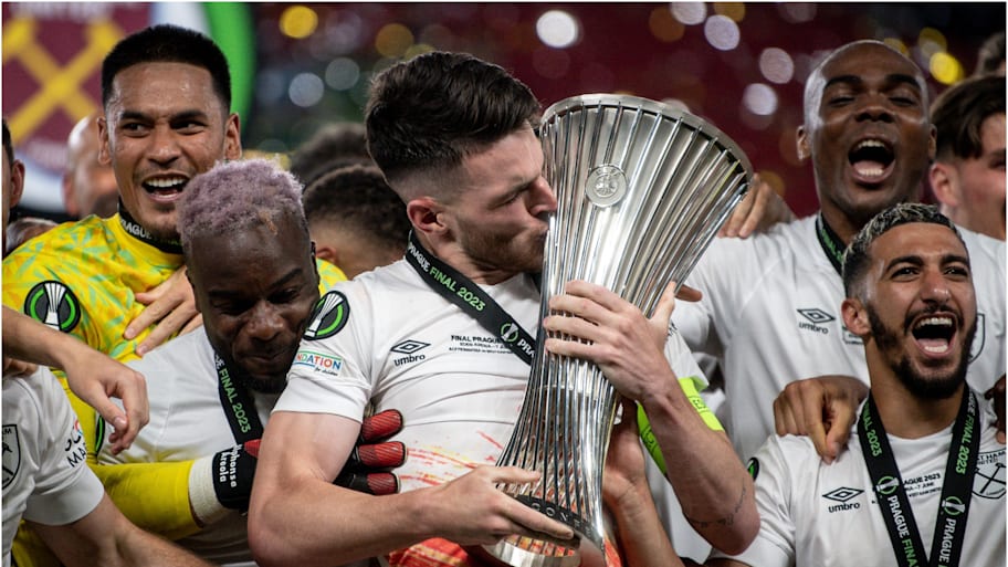 Declan Rice lifting the Conference League trophy for West Ham.