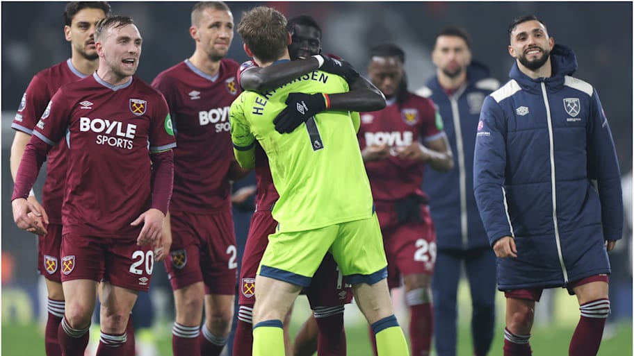 West Ham’s players celebrate their win over Fulham at Craven Cottage.