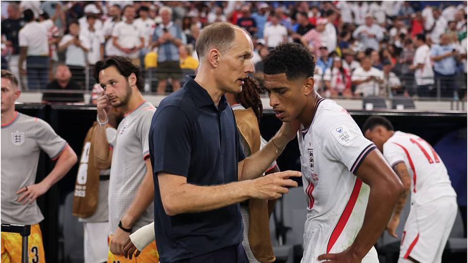 Thomas Tuchel relays instructions to Jude Bellingham during England’s clash with Croatia. 