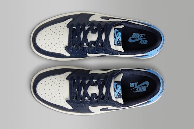 Blue and white Air Jordan sneakers.