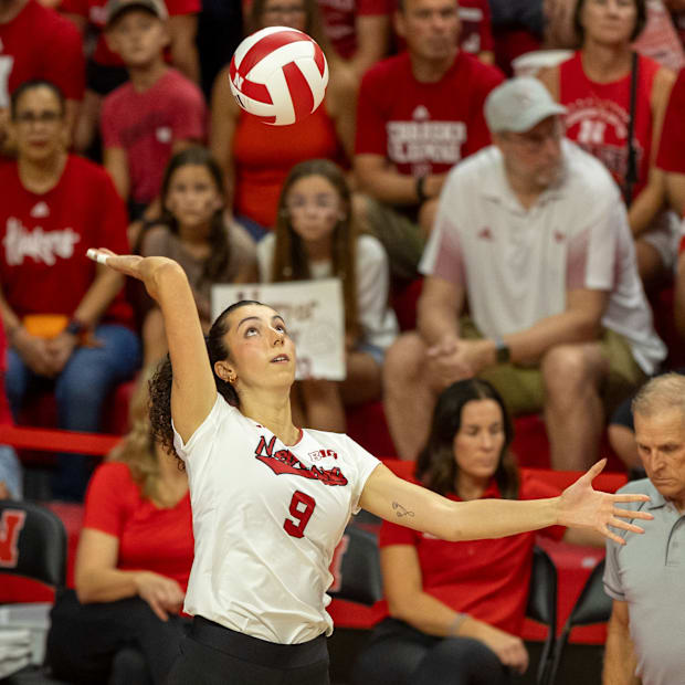 Nebraska opposite hitter Virginia Adriano readies a serve during the Red-White Scrimmage on Saturday.