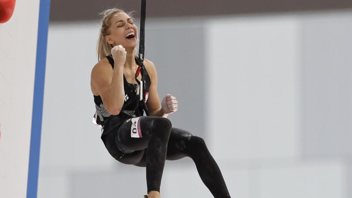 Aug 6, 2021; Tokyo, Japan; Aleksandra Miroslaw (POL) celebrates after setting a new world record while winning the speed final against Anouck Jaubert (FRA) (not pictured) during the Tokyo 2020 Olympic Summer Games at Aomi Urban Sports Park. Mandatory Credit: Geoff Burke-USA TODAY Sports