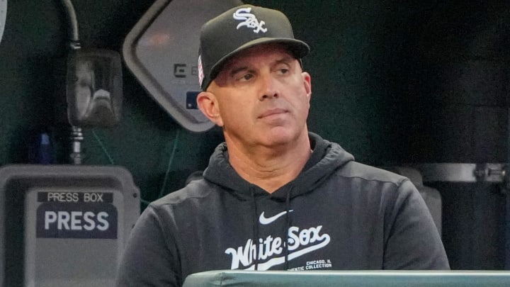 Jul 19, 2024; Kansas City, Missouri, USA; Chicago White Sox manager Pedro Grifol (5) watches play against the Kansas City Royals in the fifth inning at Kauffman Stadium. Mandatory Credit: Denny Medley-USA TODAY Sports