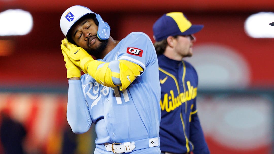 Apr 4, 2026; Kansas City, Missouri, USA; Kansas City Royals third baseman Maikel Garcia (11) reacts after hitting a double during the sixth inning against the Milwaukee Brewers at Kauffman Stadium. Mandatory Credit: William Purnell-Imagn Images