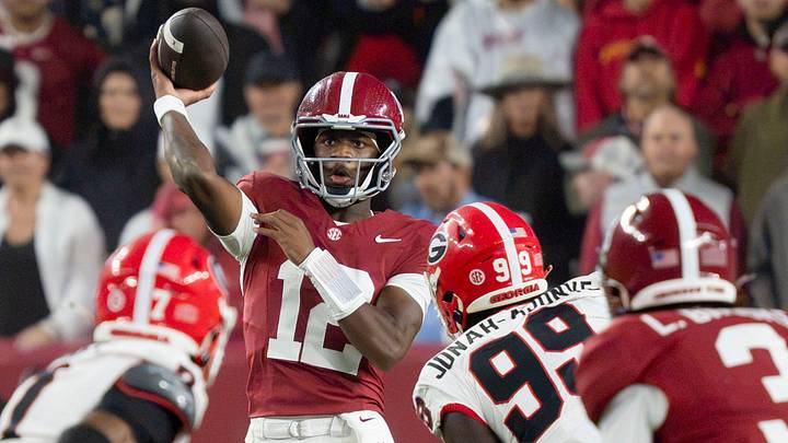 Oct 10, 2026; Tuscaloosa, Alabama, USA;  Alabama quarterback Keelon Russell (12) throws a pass during the first quarter of the game with Georgia at Saban Field at Bryant-Denny Stadium. Mandatory Credit: Gary Cosby Jr.-Imagn Images