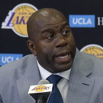 June 23, 2017; Los Angeles, CA, USA;  Los Angeles Lakers president of basketball operations Magic Johnson speaks to media before introducing newly drafted player Lonzo Ball at Toyota Sports Center. Mandatory Credit: Gary A. Vasquez-Imagn Images