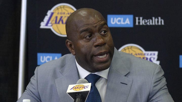 June 23, 2017; Los Angeles, CA, USA;  Los Angeles Lakers president of basketball operations Magic Johnson speaks to media before introducing newly drafted player Lonzo Ball at Toyota Sports Center. Mandatory Credit: Gary A. Vasquez-Imagn Images