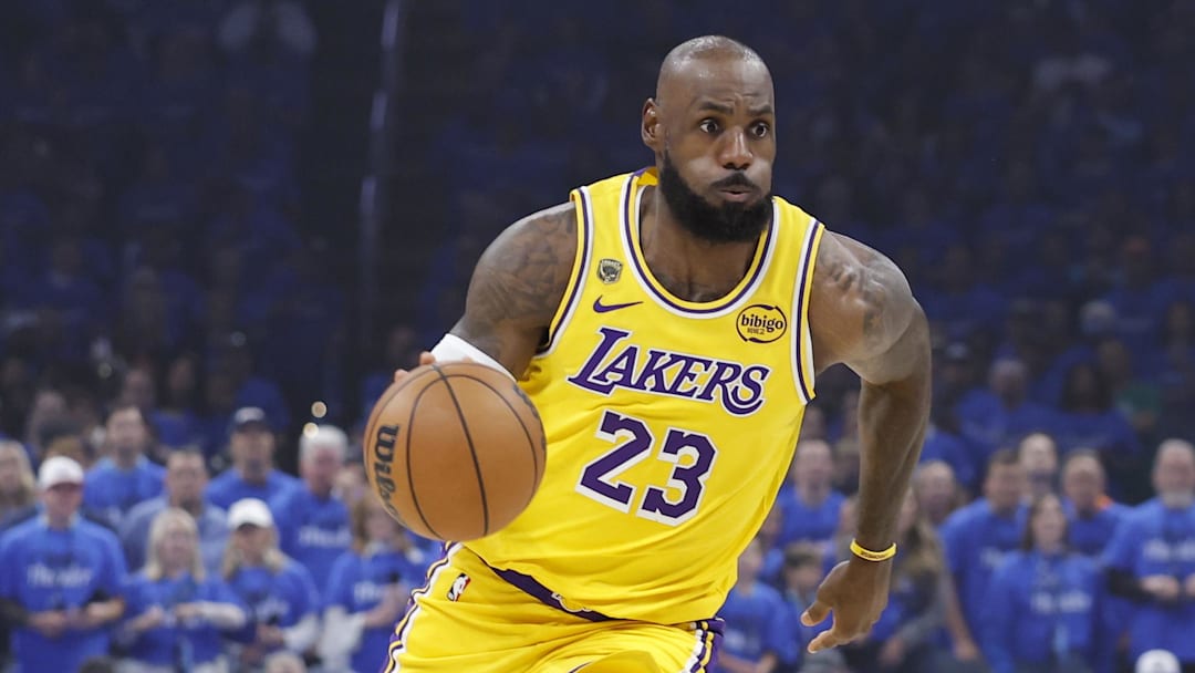 May 5, 2026; Oklahoma City, Oklahoma, USA; Los Angeles Lakers forward LeBron James (23) dribbles down the court against the Oklahoma City Thunder in the first half during game one of the second round of the 2026 NBA Playoffs at Paycom Center. Mandatory Credit: Alonzo Adams-Imagn Images May 5, 2026; Oklahoma City, Oklahoma, USA; Los Angeles Lakers forward LeBron James (23) dribbles down the court against the Oklahoma City Thunder in the first half during game one of the second round of the 2026 NBA Playoffs at Paycom Center. Mandatory Credit: Alonzo Adams-Imagn Images