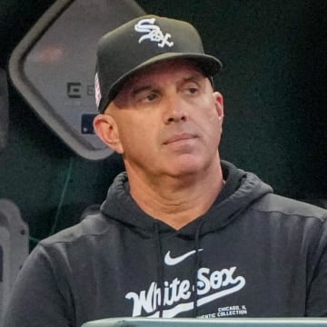 Jul 19, 2024; Kansas City, Missouri, USA; Chicago White Sox manager Pedro Grifol (5) watches play against the Kansas City Royals in the fifth inning at Kauffman Stadium. Mandatory Credit: Denny Medley-USA TODAY Sports