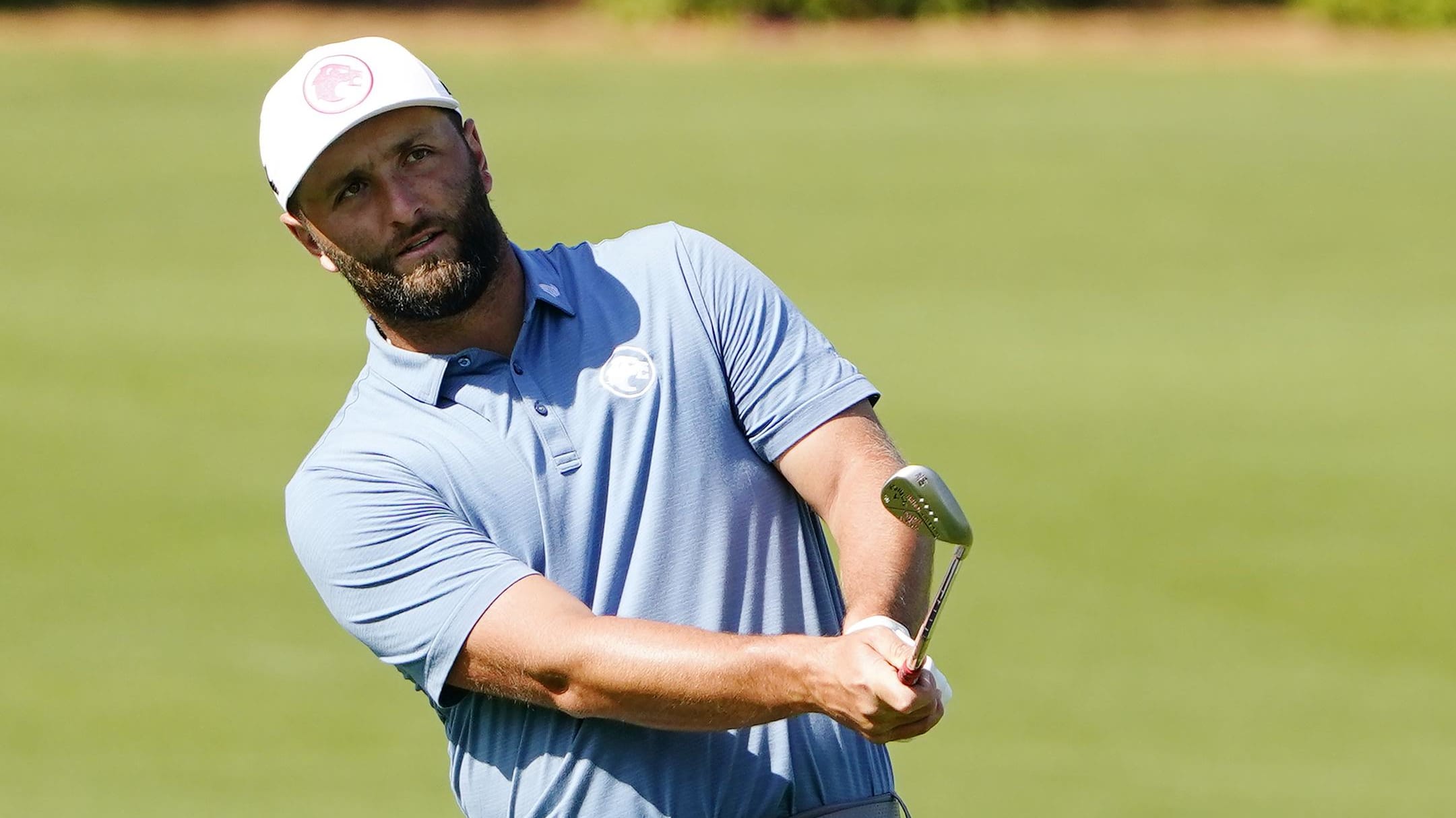 Apr 8, 2024; Augusta, Georgia, USA; Jon Rahm practices chipping at the practice facility during a