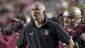 Oct 5, 2024; Tallahassee, Florida, USA; Florida State Seminoles head coach Mike Norvell during the second half against the Clemson Tigers at Doak S. Campbell Stadium. Mandatory Credit: Melina Myers-Imagn Images