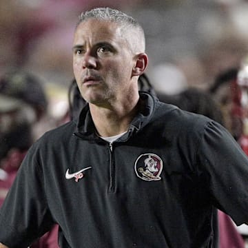 Oct 5, 2024; Tallahassee, Florida, USA; Florida State Seminoles head coach Mike Norvell during the second half against the Clemson Tigers at Doak S. Campbell Stadium. Mandatory Credit: Melina Myers-Imagn Images