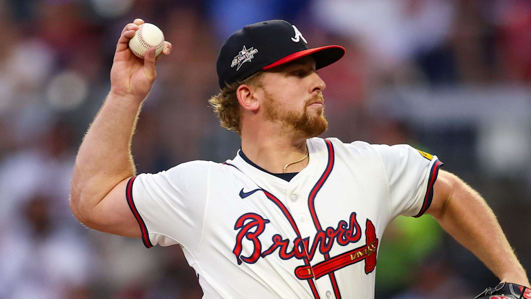 Jun 17, 2025; Atlanta, Georgia, USA; Atlanta Braves starting pitcher Spencer Schwellenbach (56) throws against the New York Mets in the first inning at Truist Park. Mandatory Credit: Brett Davis-Imagn Images