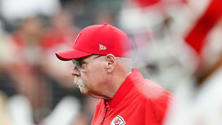 Jan 4, 2026; Paradise, Nevada, USA; Kansas City Chiefs head coach Andy Reid observes warm ups before a game against the Las Vegas Raiders at Allegiant Stadium. Mandatory Credit: Stephen R. Sylvanie-Imagn Images