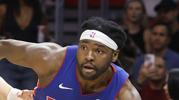 Mar 8, 2026; Miami, Florida, USA;  Miami Heat guard Tyler Herro (14) defends Detroit Pistons forward Isaiah Stewart (28) during the second half at Kasey Center. Mandatory Credit: Rhona Wise-Imagn Images