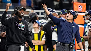 Seattle Seahawks head coach Mike Macdonald reacts