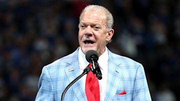 Jim Irsay speaks as Peyton Manning and Edgerrin James receive their Hall of Fame rings in 2021.