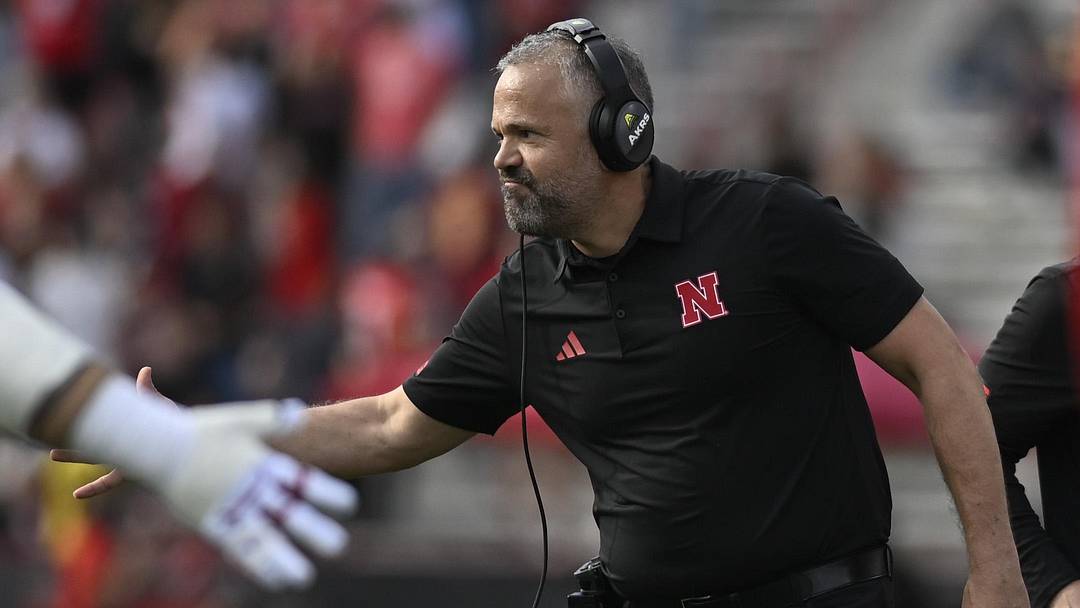 Oct 11, 2025; College Park, Maryland, USA;  Nebraska Cornhuskers head coach Matt Rhule reacts during the first half against the Maryland Terrapins at SECU Stadium. Mandatory Credit: Tommy Gilligan-Imagn Images