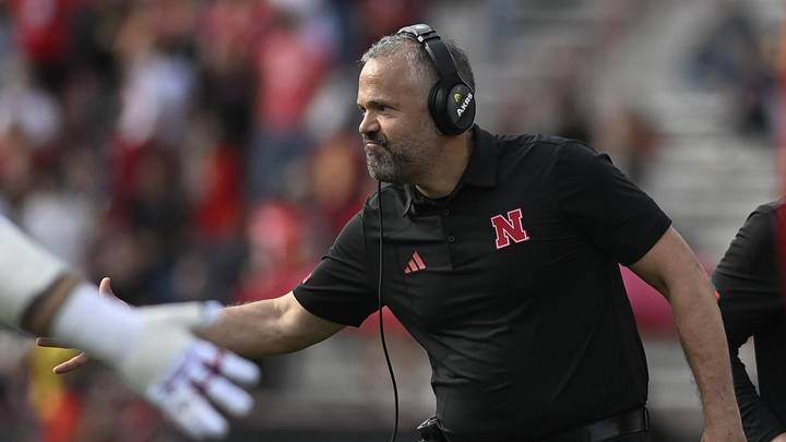Oct 11, 2025; College Park, Maryland, USA;  Nebraska Cornhuskers head coach Matt Rhule reacts during the first half against the Maryland Terrapins at SECU Stadium. Mandatory Credit: Tommy Gilligan-Imagn Images