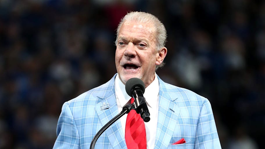 Jim Irsay speaks as Peyton Manning and Edgerrin James receive their Hall of Fame rings in 2021. | Jenna Watson / USA TODAY NETWORK via Imagn Images