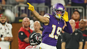Sep 14, 2025; Minneapolis, Minnesota, USA; Minnesota Vikings wide receiver Adam Thielen (19) celebrates first down during the first half Atlanta Falcons at U.S. Bank Stadium. Mandatory Credit: Matt Krohn-Imagn Images