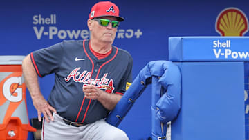 Atlanta Braves manager Brian Snitker (43) looks on against the Toronto Blue Jays in the sixth inning during spring training at TD Ballpark.