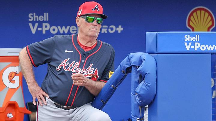 Atlanta Braves manager Brian Snitker (43) looks on against the Toronto Blue Jays in the sixth inning during spring training at TD Ballpark.