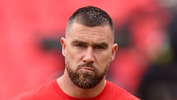 Travis Kelce of the Kansas City Chiefs frowns