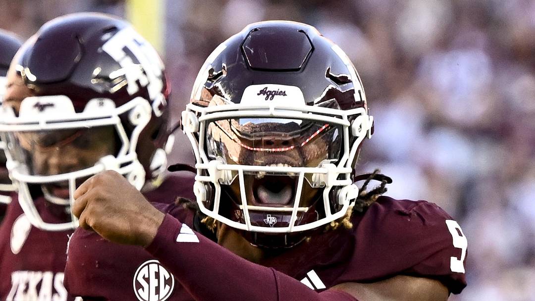Sep 27, 2025; College Station, Texas, USA; Texas A&M Aggies defensive end Cashius Howell (9) reacts after a sack during the fourth quarter against the Auburn Tigers at Kyle Field. Mandatory Credit: Maria Lysaker-Imagn Images