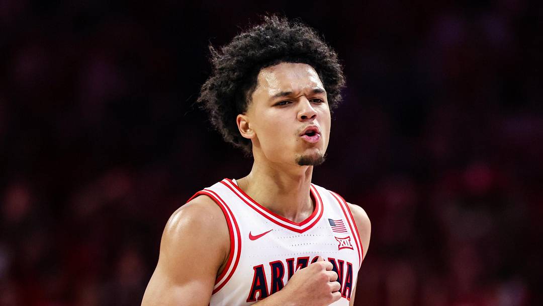 Dec 6, 2025; Tucson, Arizona, USA; Arizona Wildcats guard Brayden Burries (5) celebrates during the first half of the game against the Auburn Tigers at McKale Memorial Center. Mandatory Credit: Aryanna Frank-Imagn Images