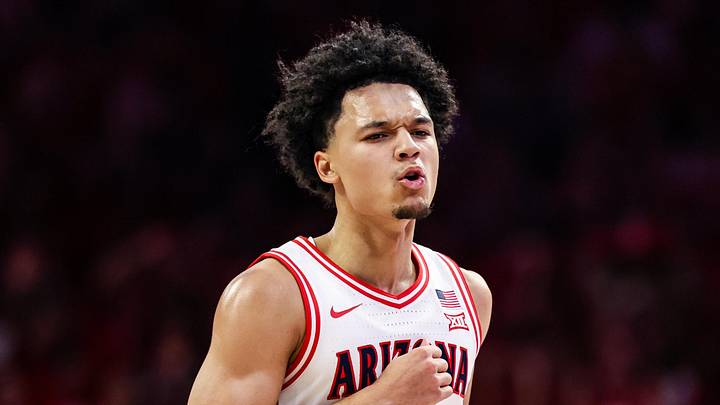 Dec 6, 2025; Tucson, Arizona, USA; Arizona Wildcats guard Brayden Burries (5) celebrates during the first half of the game against the Auburn Tigers at McKale Memorial Center. Mandatory Credit: Aryanna Frank-Imagn Images