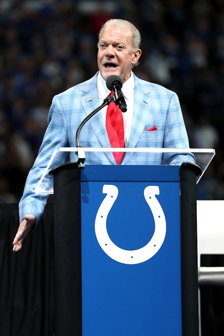Jim Irsay speaks as Peyton Manning and Edgerrin James receive their Hall of Fame rings in 2021. 