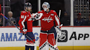 Oct 23, 2024; Washington, District of Columbia, USA; Washington Capitals left wing Pierre-Luc Dubois (80) celebrates with Capitals goaltender Logan Thompson (48) after scoring an empty-net goal against the Philadelphia Flyers in the third period at Capital One Arena. Mandatory Credit: Geoff Burke-Imagn Images