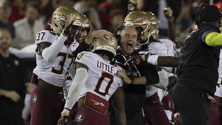 Oct 18, 2025; Stanford, California, USA;  Florida State Seminoles head coach Mike Norvell celebrates with defensive back Earl Little Jr. (0) during the first quarter against the Stanford Cardinal at Stanford Stadium. Mandatory Credit: Stan Szeto-Imagn Images