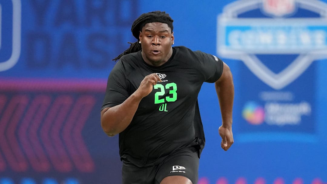 Mar 1, 2026; Indianapolis, IN, USA;  Kentucky offensive lineman Jalen Farmer (OL23) during the NFL Scouting Combine at Lucas Oil Stadium. Mandatory Credit: Kirby Lee-Imagn Images