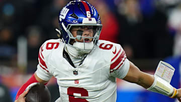 Dec 1, 2025; Foxborough, Massachusetts, USA; New York Giants quarterback Jaxson Dart (6) runs with the ball during the second quarter against the New England Patriots at Gillette Stadium.  