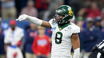 Jan 1, 2022; New Orleans, LA, USA; Baylor Bears safety Jalen Pitre (8) gestures after a play against the Mississippi Rebels in the second quarter of the 2022 Sugar Bowl at the Caesars Superdome. Mandatory Credit: Chuck Cook-Imagn Images