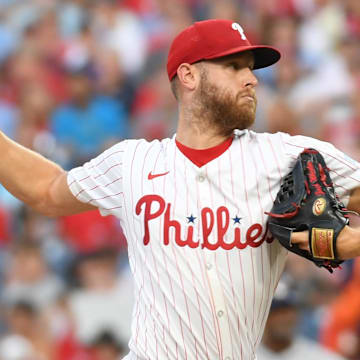 Aug 26, 2024; Philadelphia, Pennsylvania, USA; Philadelphia Phillies pitcher Zack Wheeler (45) throws a pitch during the second inning against the Houston Astros at Citizens Bank Park. 