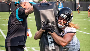 Jacksonville Jaguars safety Andrew Wingard (42) runs a blocking drill during the seventh organized team activity at the Miller Electric Center in Jacksonville, Fla. Monday, June 2, 2025. [Doug Engle/Florida Times-Union]