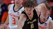 Nov 13, 2024; Champaign, Illinois, USA;  Oakland Golden Grizzlies guard Malcolm Christie (6) dribbles the ball up court during the second half against the Illinois Fighting Illini at State Farm Center. Mandatory Credit: Ron Johnson-Imagn Images