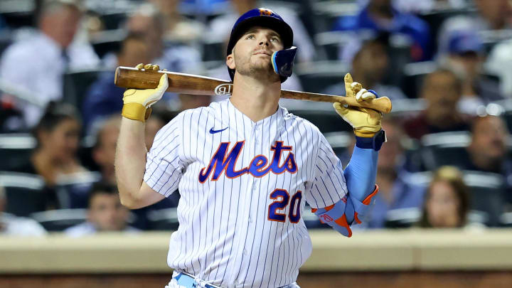 Sep 14, 2022; New York City, New York, USA; New York Mets first baseman Pete Alonso (20) reacts after striking out against the Chicago Cubs during the fourth inning at Citi Field. Sep 14, 2022; New York City, New York, USA; New York Mets first baseman Pete Alonso (20) reacts after striking out against the Chicago Cubs during the fourth inning at Citi Field.