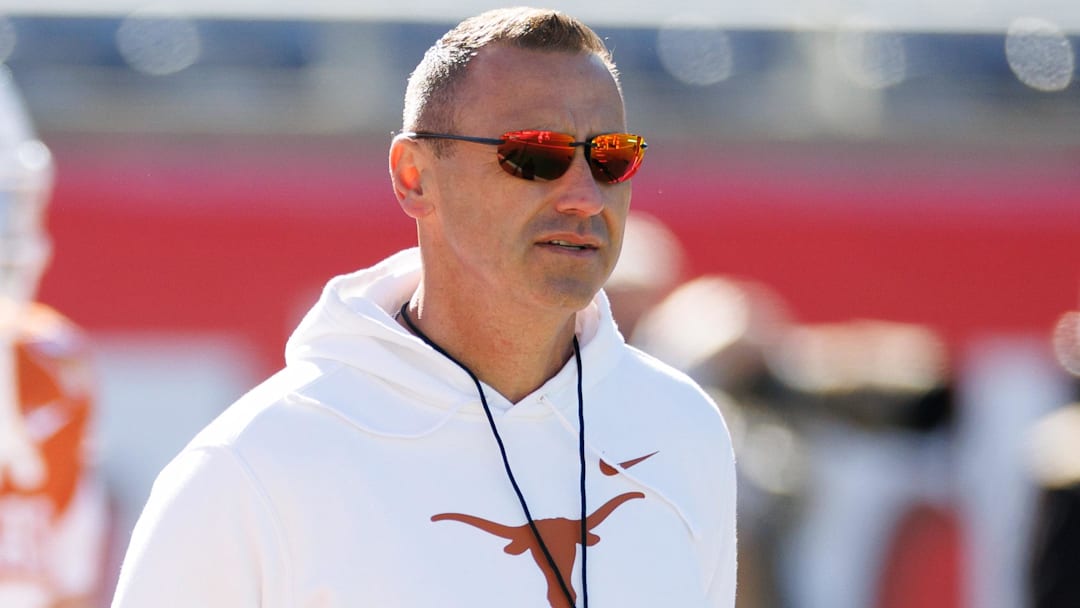 Dec 31, 2025; Orlando, FL, USA; Texas Longhorns head coach Steve Sarkisian looks on before a game against the Michigan Wolverines at Camping World Stadium. Mandatory Credit: Matt Pendleton-Imagn Images