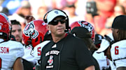 Sep 20, 2025; Durham, North Carolina, USA;  NC State Wolfpack head coach Dave Doeren during the second quarter against the Duke Blue Devils at Wallace Wade Stadium. Mandatory Credit: Zachary Taft-Imagn Images