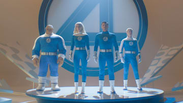 (L-R): Ebon Moss-Bachrach as Ben Grimm/The Thing, Vanessa Kirby as Sue Storm/Invisible Woman, Pedro Pascal as Reed Richards/Mister Fantastic and Joseph Quinn as Johnny Storm/Human Torch in 20th Century Studios/Marvel Studios' FANTASTIC FOUR: FIRST STEPS. Photo courtesy of 20th Century Studios/Marvel Studios. © 2025 20th Century Studios / © and ™ 2025 MARVEL.