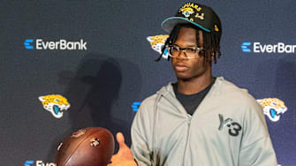 The Jacksonville Jaguars’ first-round pick, Colorado Buffaloes wide receiver and defensive back Travis Hunter, catches a football after a press conference Friday, March 25, 2025 at Miller Electric Center in Jacksonville, Fla. [Doug Engle/Florida Times-Union]