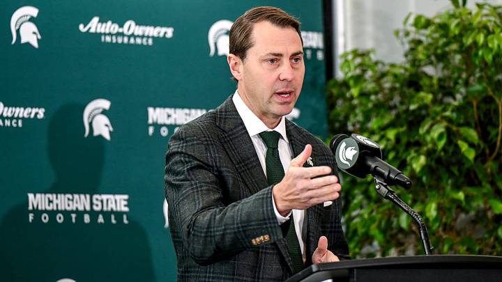 Michigan State athletic director J Batt speaks during the introductory press conference for new football coach Pat Fitzgerald on Tuesday, Dec. 2, 2025, at the Tom Izzo Football Building in East Lansing.