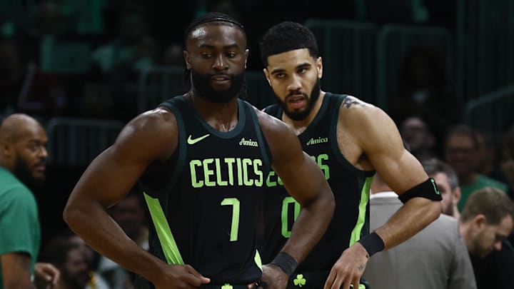Feb 28, 2025; Boston, Massachusetts, USA; Boston Celtics guard Jaylen Brown (7) and forward Jayson Tatum (0) stand on the court during a timeout during the second half of their loss to the Cleveland Cavaliers at TD Garden. Mandatory Credit: Winslow Townson-Imagn Images