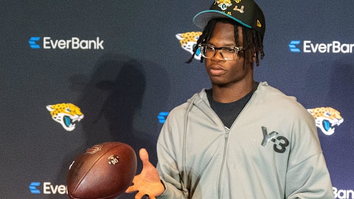 The Jacksonville Jaguars’ first-round pick, Colorado Buffaloes wide receiver and defensive back Travis Hunter, catches a football after a press conference Friday, March 25, 2025 at Miller Electric Center in Jacksonville, Fla. [Doug Engle/Florida Times-Union]