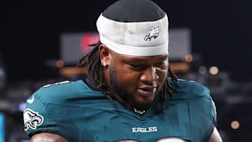 Sep 4, 2025; Philadelphia, Pennsylvania, USA; Philadelphia Eagles defensive tackle Jalen Carter (98) walks off the field after being ejected during the first quarter of the game against the Dallas Cowboys at Lincoln Financial Field. Mandatory Credit: Bill Streicher-Imagn Images