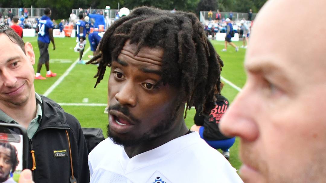 Buffalo Bills safety C.J Gardner-Johnson (22) speaks with the media after a training camp session. Buffalo Bills safety C.J Gardner-Johnson (22) speaks with the media after a training camp session.